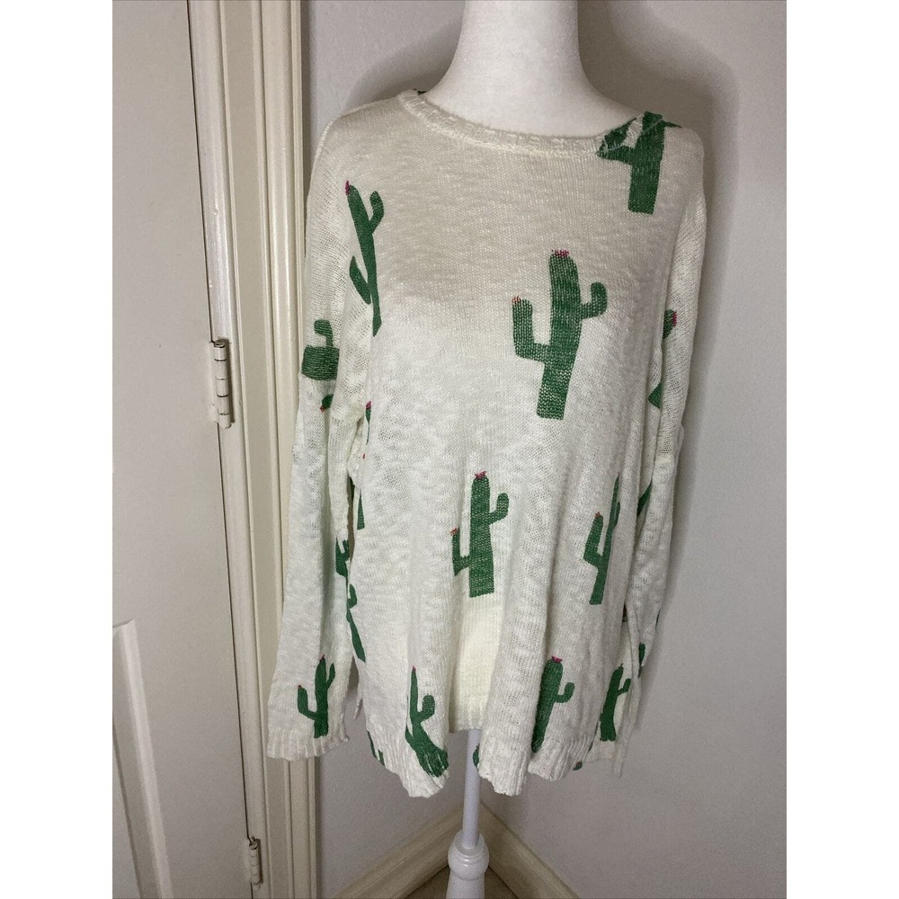Show Me Your Mumu Mellow Cactus Crew Varsity Pullover Sweater White Green C8